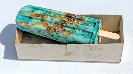 Wall Mural - A colorful popsicle resting in a cardboard box, showcasing vibrant blue-green hues with a textured surface.