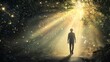 © SmartArt - Panentheism Mystical figure walking through a forest illuminated by cosmic constellations and radiant light filtering through the trees