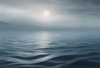 Wall Mural - Calm blue sea surface with gentle ripples, surrounded by grey mist and dim lighting.