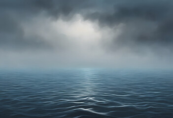 Wall Mural - Calm blue sea surface with gentle ripples, surrounded by grey mist and dim lighting.