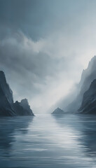 Wall Mural - Calm blue sea surface with gentle ripples, surrounded by grey mist and dim lighting.