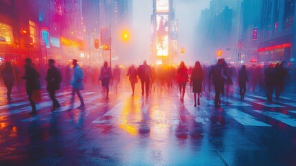 Wall Mural - Rainy city street, blurred pedestrians, vibrant lights.