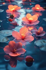 Wall Mural - Glowing flowers float on serene, dark water.