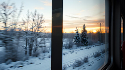 A winter view from a train window with a beautiful winter view, the feeling of moving in the picture. Generative AI