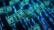 © SmartArt - A bundle of cash flows through a digital network of binary code illustrating modern wire transfers