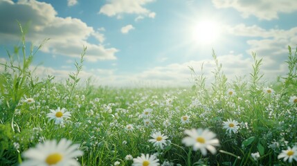 Green spring meadow with nature field grass in summer under sunny sky sun shining on flowers garden landscape fresh day floral daisy and blue outdoor herb light bright chamomile park rural cloud