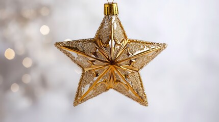 Wall Mural - elegant vintage christmas star ornament suspended in midair against a pristine white backdrop showcasing intricate details and shimmering surfaces evoking nostalgia and festive charm