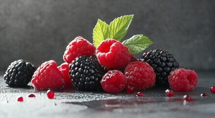 Wall Mural - Freshly picked blackberries and raspberries on a stone surface under soft sunlight