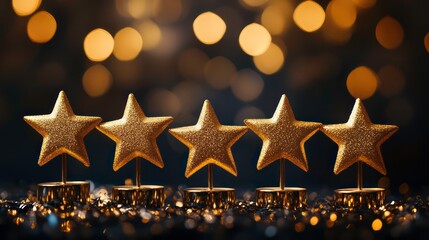 Canvas Print - five golden stars on small pedestals are arranged in a row against a dark background with bokeh ligh