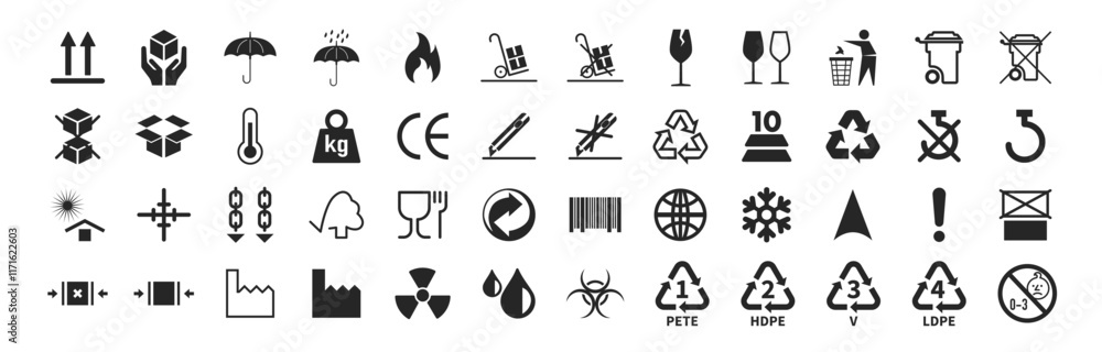 Packing symbol for cardboard boxes and warning symbols. Set of packing ...