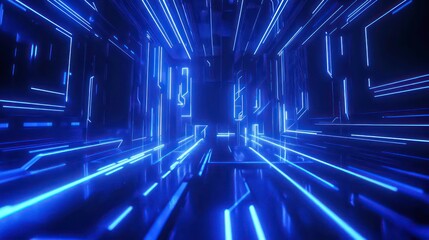 Wall Mural - futuristic blue neon lines weave across a dark background creating a vibrant hightech business atmos