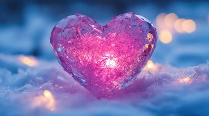 Canvas Print - glowing pink crystal heart in winter wonderland with twinkling lights
