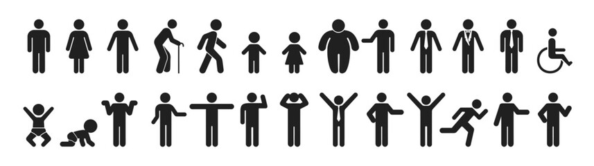 Wall Mural - Set people pictogram icons isolated on transparent background. different people silhouettes, man, woman, child, old man, worker, businessman