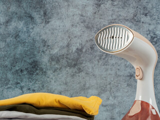 Wall Mural - Housewife with a clothes steamer, carefully smoothing things, creating comfort and order in the house.