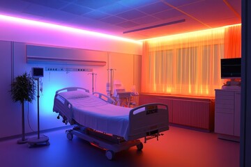 Wall Mural - Hospital room, colored lighting, empty bed, medical equipment.