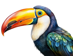 A vibrant watercolor illustration of a toucan isolated on a white background, showcasing its colorful beak and feathers