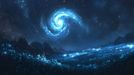 celestial spiral: a captivating cosmic swirl illuminates the night sky above a breathtaking landscap