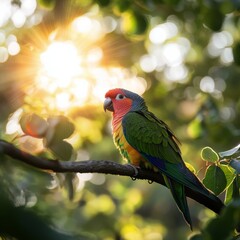 Wall Mural - Colorful parrot perched on a branch surrounded by lush green leaves in warm sunlight