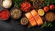 © we3_food - Fresh salmon fillets with rice, tomatoes, herbs, and spices on dark background.
