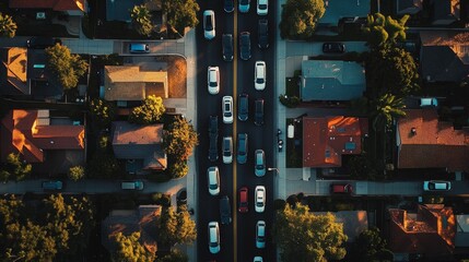 Sticker - Aerial view: Suburban street, traffic, houses, sunset light.