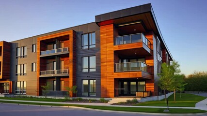 Leinwandbilder - Modern residential complex showcases contemporary architecture with sleek lines and wooden accents in a vibrant neighborhood at sunset