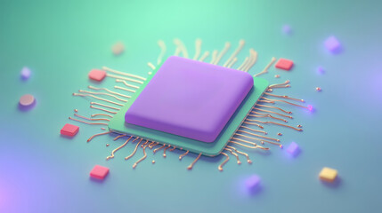 A colorful, stylized depiction of a microchip surrounded by circuits, showcasing modern technology and digital innovation.
