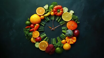 Wall Mural - Fresh ripe fruits with vegetables in shape of clock. Time to new year resolutions and healthy nutrition