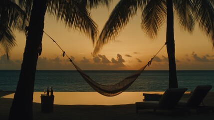 Poster - Tranquil sunset hammock scene on beach with ocean view.