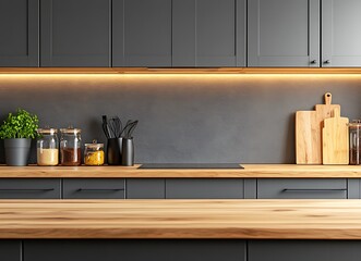 Wall Mural - Modern kitchen interior with gray cabinets and wooden countertop, empty space for product display, close-up, blurred background