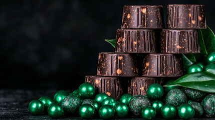 Poster - Delicious dark chocolate stacked with shiny green candies and leaves, set against a dark background, creating an enticing dessert display.