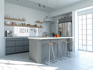 Wall Mural - Modern kitchen with gray cabinets, white tile backsplash, and light gray floor