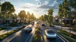 Modern homes line a tree-lined street with cars.