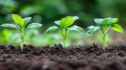 Three young plants growing in soil.