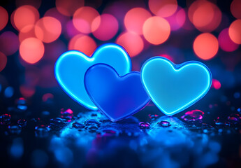 Wall Mural - light neon bokeh valentine background blue hearts high resolution high details vibrant