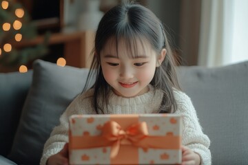 Asian female showing gift box from his family during video conference chat to celebrate the festival Generative AI