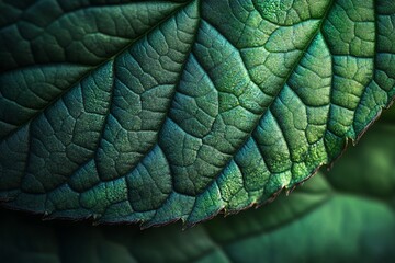 Poster - Close-up of a deep green leaf's intricate vein texture and serrated edge, showing natural detail and color variations.