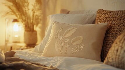 Wall Mural - A cozy bedroom scene featuring an embroidered pillow, warm lighting, and woven textures.