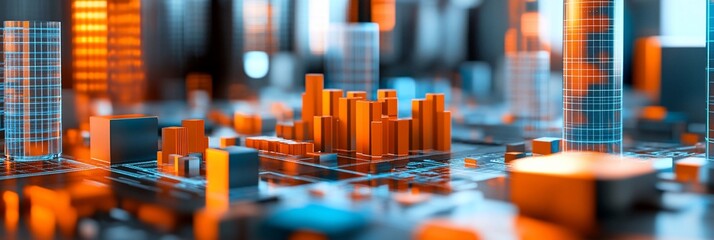 Aufkleber - Abstract city skyline with orange and blue geometric buildings.