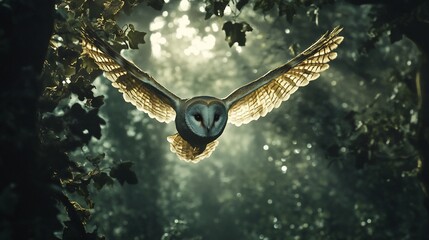 Poster - Barn owl in flight, sunlight through leaves.