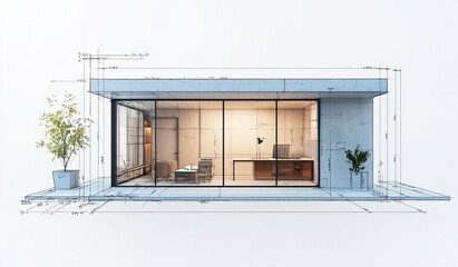 Poster - Architectural blueprint of a modern, glass-fronted office building with interior design visible.