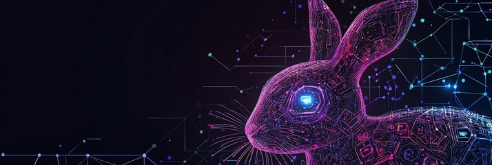 Aufkleber - Abstract digital rabbit art, glowing lines and nodes forming animal shape on dark background.