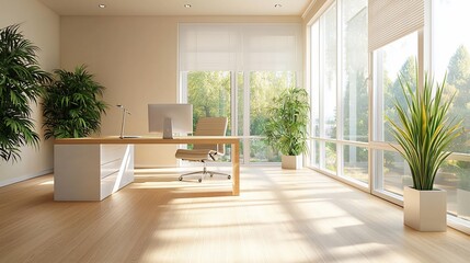 Poster - Modern bright office interior with large windows, wooden desk, plants, and sunlight streaming in.