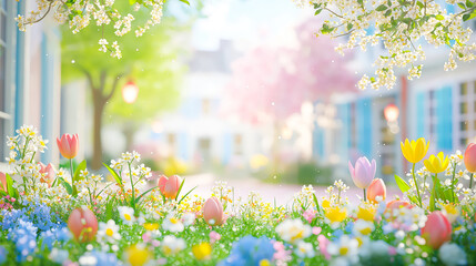 Poster - Colorful spring garden with blooming flowers and soft sunlight in a peaceful setting