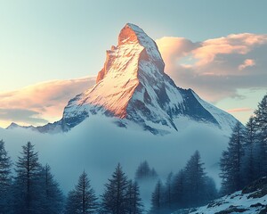 Poster - Majestic sunrise illuminating snow-capped mountain peak above clouds and pine trees.