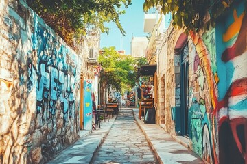 Poster - Sunlit alleyway with colorful graffiti art on building walls, stone pavement, and outdoor cafe seating.