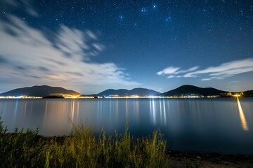 Wall Mural - Beautiful night sky with a lake in the background