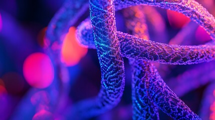 Poster - Close-up of a vibrant, glowing DNA double helix structure, digitally rendered with colorful bokeh background.