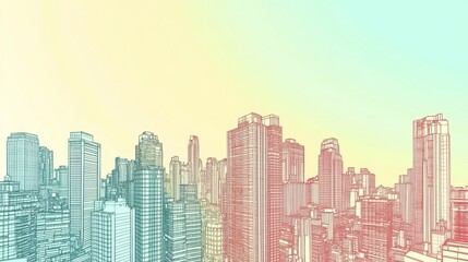 A stylized skyline illustration with a gradient background, showcasing urban architecture.