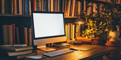Aufkleber - Cozy home office with computer, books, and plants at night.