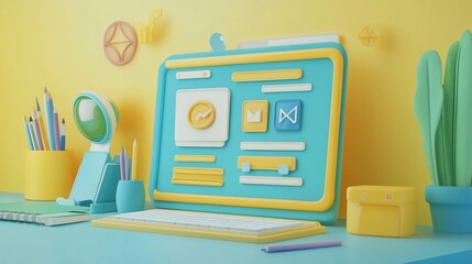 Aufkleber - 3D render of a computer screen displaying a website design with colorful icons and stationery on a desk.